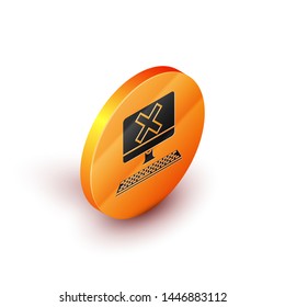 Isometric Computer with keyboard and x mark icon isolated on white background. Error window, exit button, cancel, 404 error page not found concept. Orange circle button. Vector Illustration