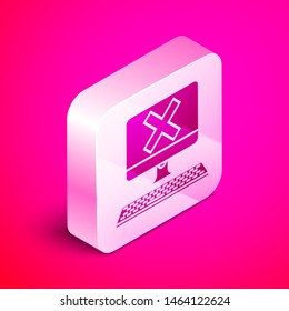 Isometric Computer with keyboard and x mark icon isolated on pink background. Error window, exit button, cancel, 404 error page not found concept. Silver square button. Vector Illustration
