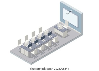 Isometric computer lab. Computer education in classroom. Computer classroom