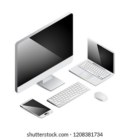Isometric Computer, Laptop, Smartphone on white Background, Vector Illustration