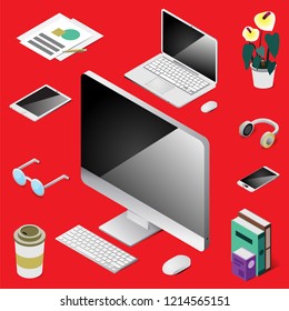 Isometric computer, laptop, tablet, Smartphone, coffee, books, flower, eye glasses, Headphone on red background, Vector Illustration.