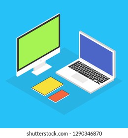 Isometric computer, laptop, tablet and smartphone. Vector illustration.