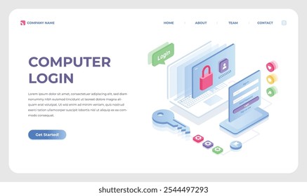 Isometric Computer Login Vector Landing Page Template | Secure User Authentication and Digital Security Interface