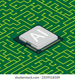 Isometric computer microchip for training artificial intelligence program embedded in chip with contact tracks. 3D vector isolated on green background top view at an angle