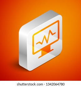 Isometric Computer monitor with cardiogram icon isolated on orange background. Monitoring icon. ECG monitor with heart beat hand drawn. Silver square button. Vector Illustration
