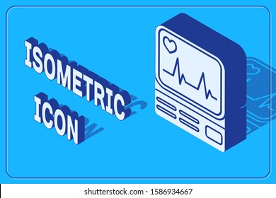 Isometric Computer monitor with cardiogram icon isolated on blue background. Monitoring icon. ECG monitor with heart beat hand drawn.  Vector Illustration
