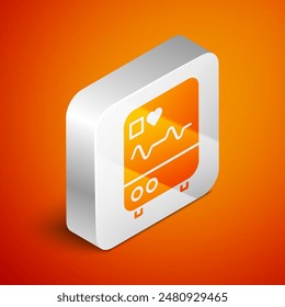 Isometric Computer monitor with cardiogram icon isolated on orange background. Monitoring icon. ECG monitor with heart beat hand drawn. Silver square button. Vector Illustration