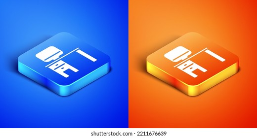 Isometric Computer monitor and desk icon isolated on blue and orange background. PC component sign. Square button. Vector Illustration