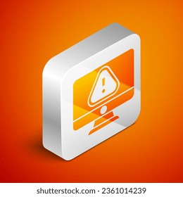 Isometric Computer monitor with exclamation mark icon isolated on orange background. Alert message smartphone notification. Silver square button. Vector Illustration