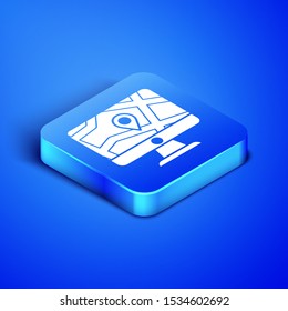 Isometric Computer monitor and folded map with location marker icon isolated on blue background. Blue square button. Vector Illustration