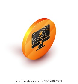 Isometric Computer monitor and folded map with location marker icon isolated on white background. Orange circle button. Vector Illustration