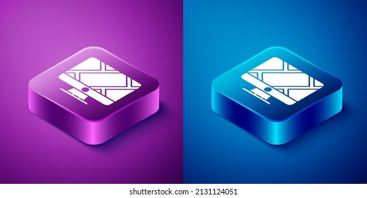 Isometric Computer monitor and folded map with location marker icon isolated on blue and purple background. Square button. Vector Illustration