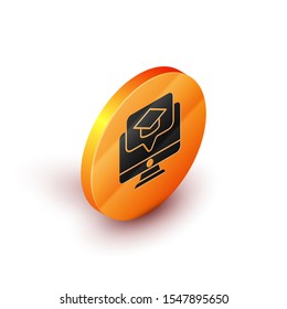 Isometric Computer monitor with graduation cap icon isolated on white background. Online learning or e-learning concept. Orange circle button. Vector Illustration