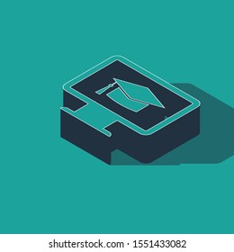 Isometric Computer monitor with graduation cap icon isolated on green background. Online learning or e-learning concept. Internet knowledge symbol.  Vector Illustration
