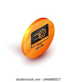 Isometric Computer monitor with graph chart icon isolated on white background. Report text file icon. Accounting sign. Audit, analysis, planning. Orange circle button. Vector Illustration Isometric Computer monitor with graph chart icon isolated on white background. Report text file icon. Accounting sign. Audit, analysis, planning. Orange circle button. Vector Illustration