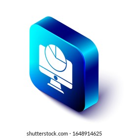 Isometric Computer monitor with graph chart icon isolated on white background. Report text file. Accounting sign. Audit, analysis, planning. Blue square button. Vector Illustration