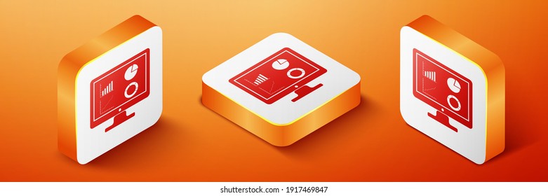 Isometric Computer monitor with graph chart icon isolated on orange background. Report text file icon. Accounting sign. Audit, analysis, planning. Orange square button. Vector.