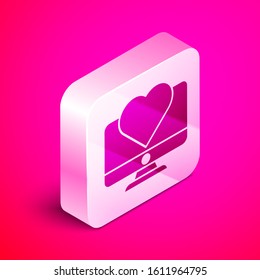 Isometric Computer monitor with heart icon isolated on pink background. Valentines day. Silver square button. Vector Illustration