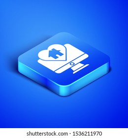 Isometric Computer monitor with house in heart shape icon isolated on blue background. Love home symbol. Family, real estate and realty. Blue square button. Vector Illustration