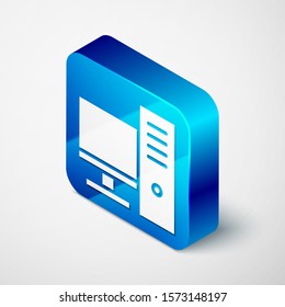 Isometric Computer monitor icon isolated on white background. PC component sign. Blue square button. Vector Illustration