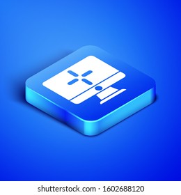 Isometric Computer monitor icon isolated on blue background. PC component sign. Blue square button. Vector Illustration