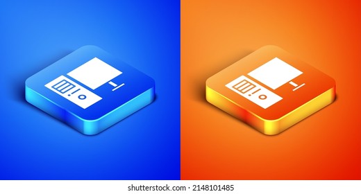 Isometric Computer monitor icon isolated on blue and orange background. PC component sign. Square button. Vector Illustration