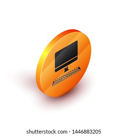 Isometric Computer monitor with keyboard icon isolated on white background. PC component sign. Orange circle button. Vector Illustration