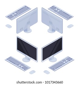 Isometric computer monitor with keyboard and mouse. 3d computer front view and back view, isolated on white background. Vector illustration.