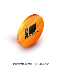 Isometric Computer monitor with keyboard and mouse icon isolated on white background. PC component sign. Orange circle button. Vector Illustration