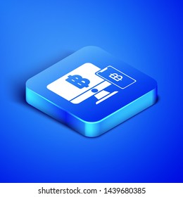 Isometric Computer monitor with mobile phone and bitcoin icon isolated on blue background. Online shopping concept. Earnings in the Internet. Blue square button. Vector Illustration
