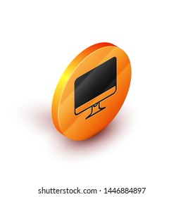 Isometric Computer monitor screen icon isolated on white background. Electronic device. Front view.  Orange circle button. Vector Illustration
