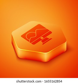 Isometric Computer monitor screen icon isolated on orange background. Electronic device. Front view. Orange hexagon button. Vector Illustration