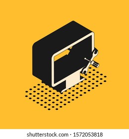 Isometric Computer monitor with screwdriver and wrench icon isolated on yellow background. Adjusting, service, setting, maintenance, repair, fixing.  Vector Illustration