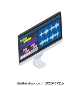 Isometric computer monitor of sound producer 3d vector illustration