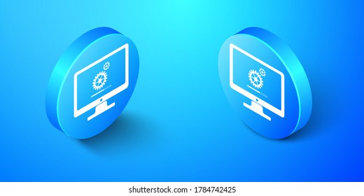 Proceso de actualización de monitor de PC isométrico con progreso de marcha e icono de barra de carga aislado en fondo azul. Ajuste, ajuste, mantenimiento, reparación. Botón de círculo azul. Vector.