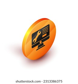 Isometric Computer monitor with wrench icon isolated on white background. Adjusting, service, setting, maintenance, repair. Orange circle button. Vector
