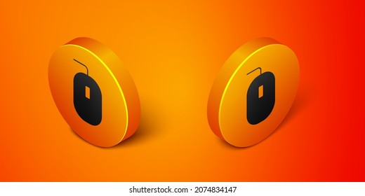 Isometric Computer mouse gaming icon isolated on orange background. Optical with wheel symbol. Orange circle button. Vector