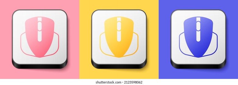 Isometric Computer mouse gaming icon isolated on pink, yellow and blue background. Optical with wheel symbol. Square button. Vector