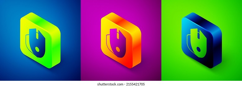 Isometric Computer mouse gaming icon isolated on blue, purple and green background. Optical with wheel symbol. Square button. Vector