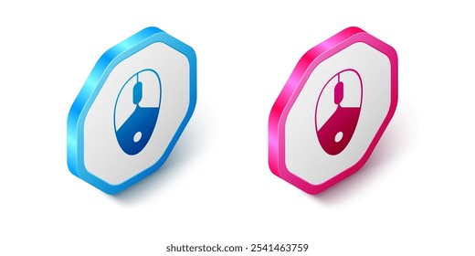 Ícone de jogo de mouse isométrico do computador isolado no fundo branco. Óptico com símbolo de roda. Botão hexágono. Vetor