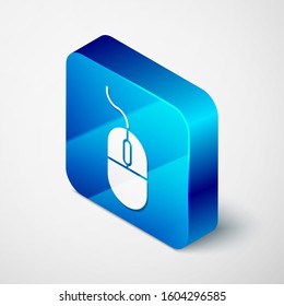 Isometric Computer mouse icon isolated on white background. Optical with wheel symbol. Blue square button. Vector Illustration