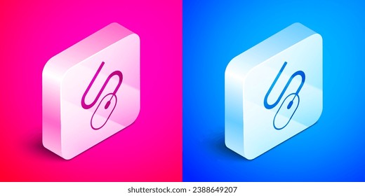 Isometric Computer mouse icon isolated on pink and blue background. Optical with wheel symbol. Silver square button. Vector