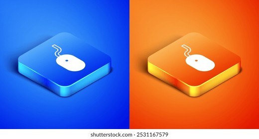 Isometric Computer mouse icon isolated on blue and orange background. Optical with wheel symbol. Square button. Vector