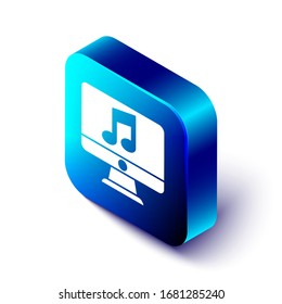 Isometric Computer with music note symbol on screen icon isolated on white background. Blue square button. Vector Illustration