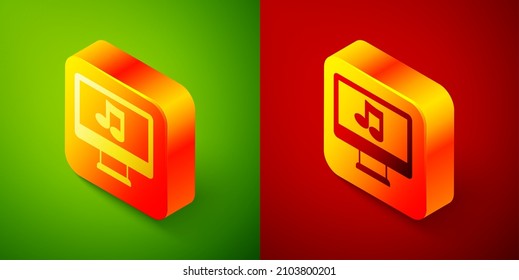 Isometric Computer with music note symbol on screen icon isolated on green and red background. Square button. Vector