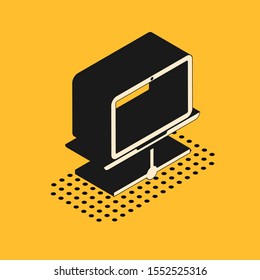 Isometric Computer network icon isolated on yellow background. Laptop network. Internet connection.  Vector Illustration
