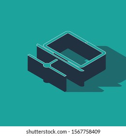 Isometric Computer network icon isolated on green background. Laptop network. Internet connection.  Vector Illustration