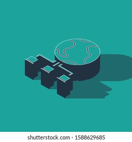 Isometric Computer network icon isolated on green background. Online gaming. Laptop network. Internet connection.  Vector Illustration