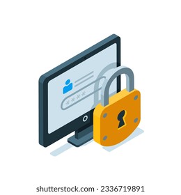 isometric computer and padlock icons on white background, concept of data protection on personal device or account password