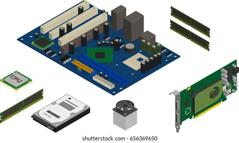 Isometric Computer Parts Icons Set. Computer Service
